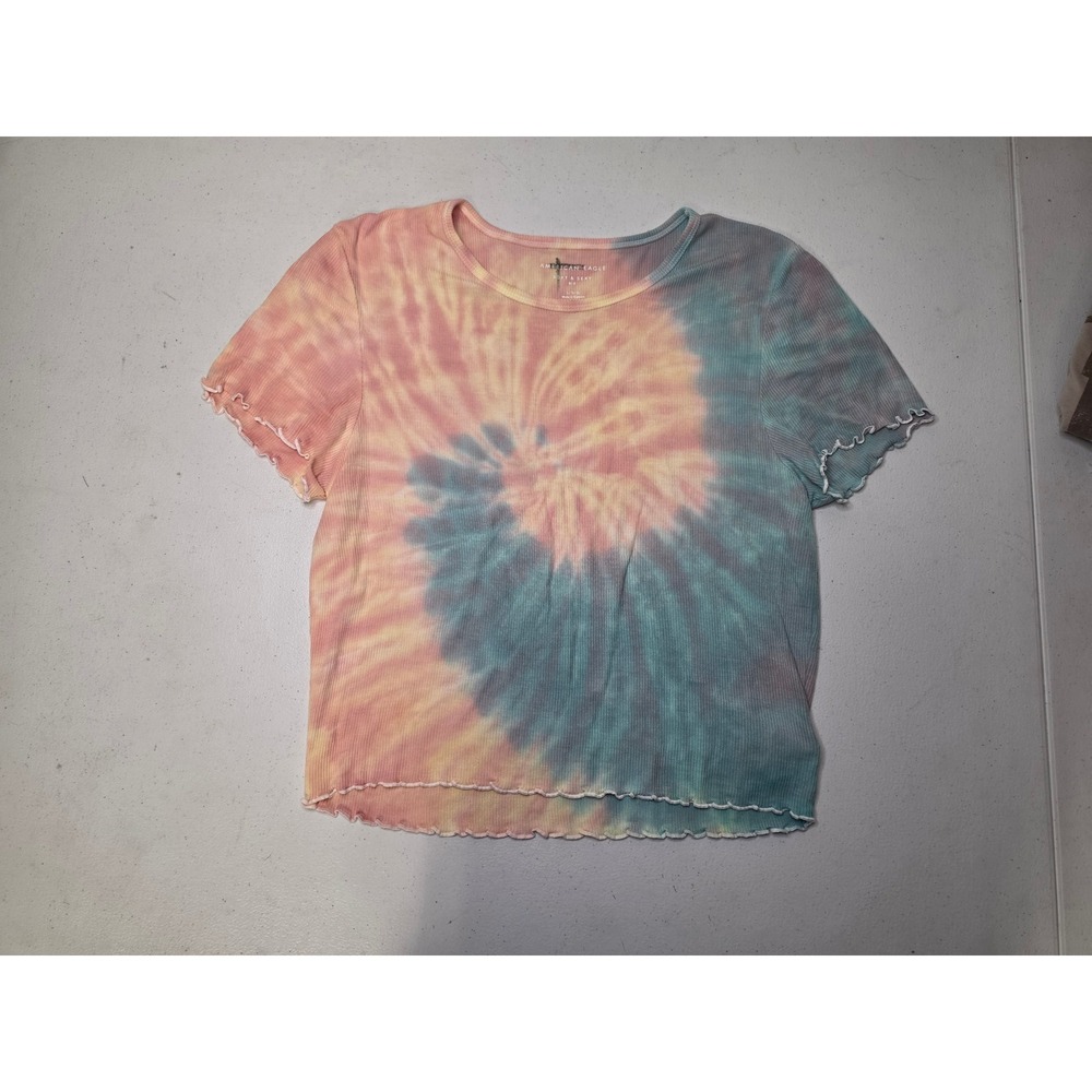 American Eagle Soft & Sexy Tie Dye Ribbed Lettuce Edge Tee Large Pink Blue